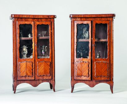 null Deux vitrines de maîtrise en bois de placage de style Louis XV ouvrant par deux...