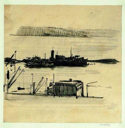 null Jacques BUREL (1922-2000).
Port d'Alger. 
Encre et crayon gras sur papier, signé...