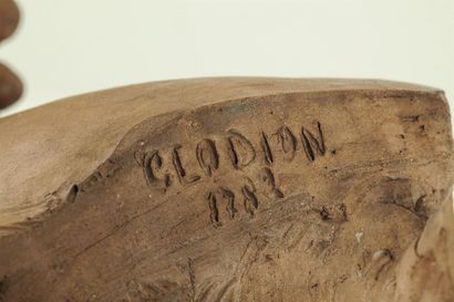 null CLODION (1738-1814) d'après. 
Buste de faune. 
Terre cuite portant une signature...