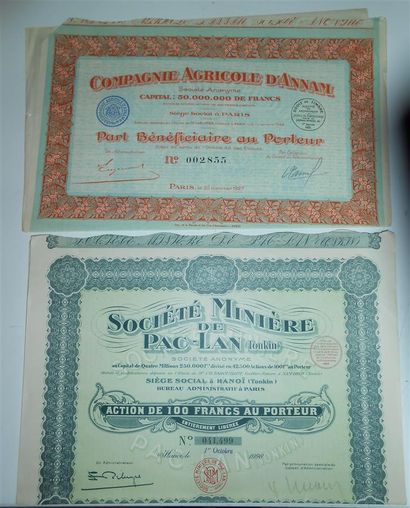 null 45 ACTIONS & EMPRUNTS : Etrangers. "Sté Minière de Pac Lan 1926, Cie Agricole...