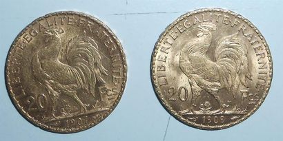 null Lot de 2 pièces de 20 Francs. Or. Au Coq. 1907 & 1909. Poids : 12,80gr.