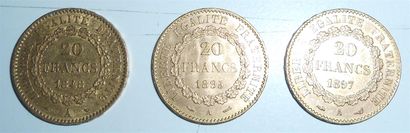 null Lot de 3 pièces de 20 Francs. Or. Au Génie, 1848, 1895 & 1897. Poids : 20gr....