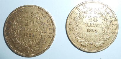 null Lot de 2 pièces 20 Francs. Or. Napoléon III. 1856 & 1858. Poids : 12gr.