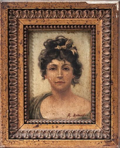 null Ecole française du XIXème siècle.
Portrait de femme au ruban. 
Huile sur panneau,...