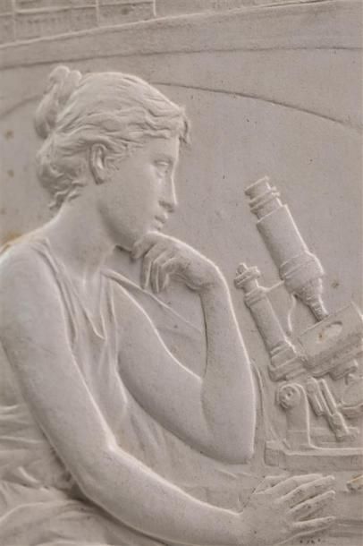 null 2 Plâtres : représentant une femme devant un microscope, signé en bas à gauche,...