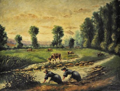 null Ecole du XXème siècle.
Vaches et paysanes.
Huile sur toile.
Signée en bas à...