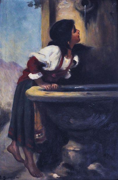 null Ecole orientaliste du XXème siècle.
Jeune fille à la fontaine.
Huile sur toile,...