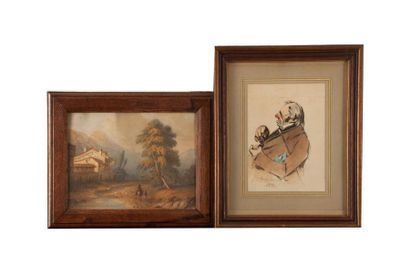 null Lot de deux aquarelles comprenant :
E. GARAULT. Paysage, signée en bas à gauche....