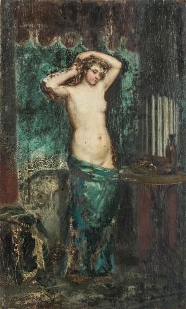null DE BARBARIN Thomas (1821-1892), Attribué à.
Jeune femme dénudée.
Huile sur panneau.
Étiquette...