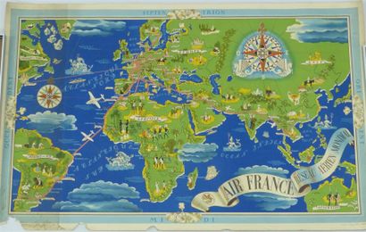 null AIR FRANCE - Planisphère 
"Réseau Aérien Mondial" illustré par Lucien Boucher,...