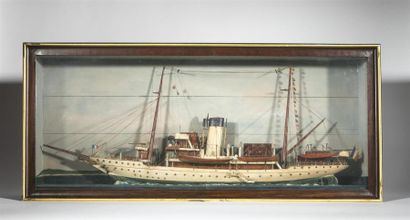 null Tableau mural avec Yacht français sur mer, travail artisanal fin 19ème. Encadré...