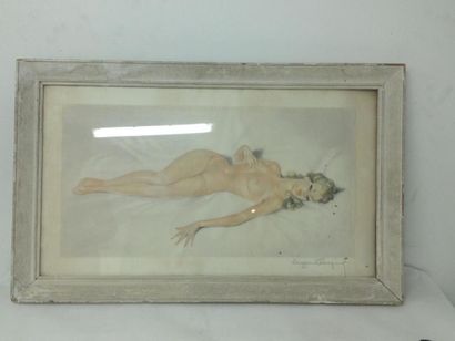 null Ecole du XXème siècle.
Femme nue allongée.
lithographie couleur sur papier encadrée...