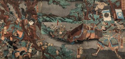 null KUNIYOSHI Utagawa (1797- 1861)
Triptyque oban tate-e, la bataille d'Awazu :...