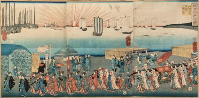 null KUNIYOSHI Utagawa (1797- 1861)
Triptyque oban tate-e, la bataille d'Awazu :...