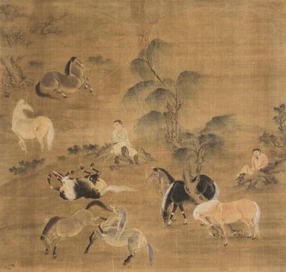 null CHINE - XVIIe siècle
Deux palefreniers et leurs huit chevaux
Encre polychrome...