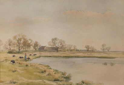 DUHEM Henri (1860-1941). Vue au bord du lac....