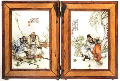  CHINE. XIXème siècle Deux paires de plaques rectangulaires en porcelaine blanche...