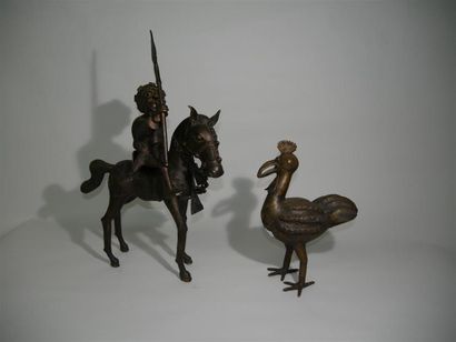 null Afrique XXème siècle
Cavalier et oiseau 
Deux sujets en bronze à patine bru...
