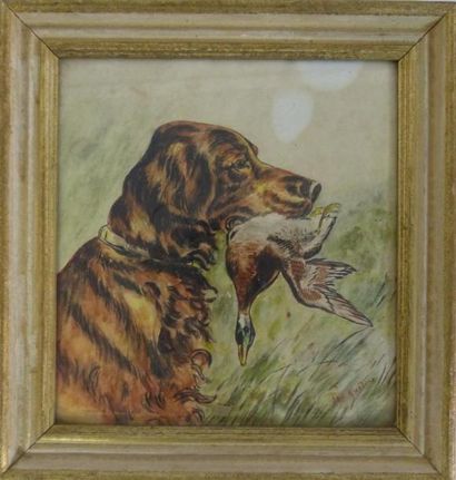 null Six pièces représentant des chiens, oiseaux, scène de chasse. 
Huile sur toile...