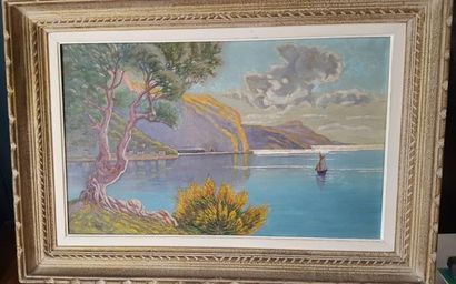 null L. ROUSSEAU. 
Vue de la mer sous les pains. 
Huile sur toile, signée en bas...