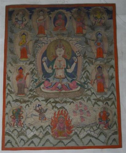null Tibet XXe siècle,
Tangka, détrempe sur toile représentant Bouddha assis en position...