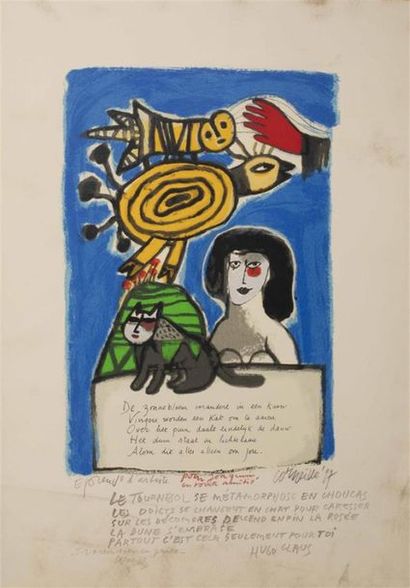 null CORNEILLE (1922-2010)
"Femme, chat et oiseau"
Lithographie sur papier, signée...