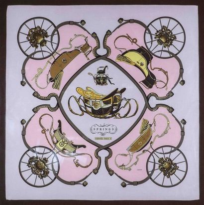 null HERMES
Carré en soie Springs, bordure rose, dessin de Ledoux.
(Encadré, parfait...