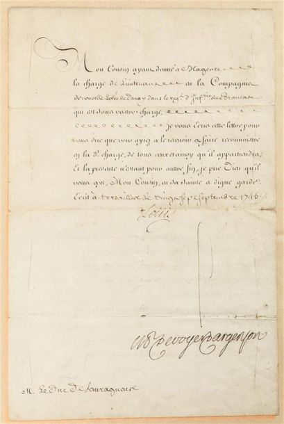 [LOUIS XV] (1710-1774).
Courrier signé à...