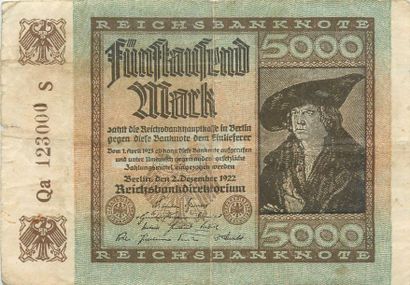 null Billets Allemands.
12-5000 Mark, Lettres AO, D OE, Fa O, JT, KE, ME, NF, O LE,...