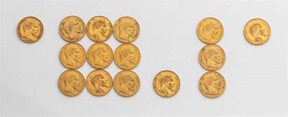 null 15 Pièces de 20 Francs Or, dont 14 Napoléon III, Tête nue : 1854 x 9, 1855,...