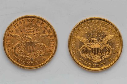 null 2 pièces. Etats Unis, 20 dollars Liberté. 1875.
A/ Tête de la Liberté à gauche...