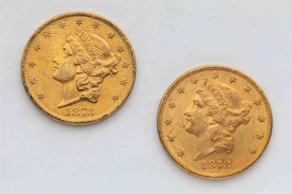 null 2 pièces Etats Unis, 20 dollars Liberté. 1873 & 1878.
A/ Tête de la Liberté...