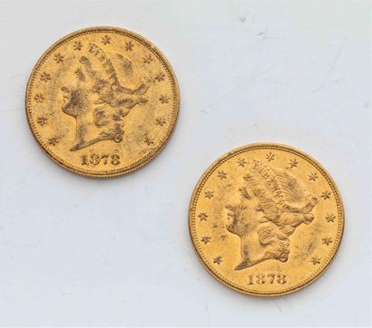 null 2 pièces Etats Unis, 20 dollars Liberté. 1878.
A/ Tête de la Liberté à gauche...