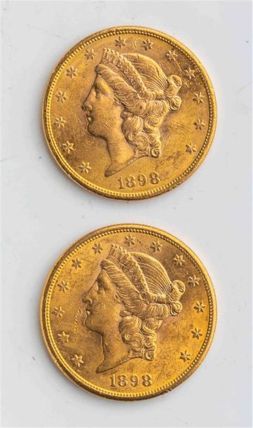 null 2 pièces Etats Unis, 20 dollars Liberté. 1898.
A/ Tête de la Liberté à gauche...