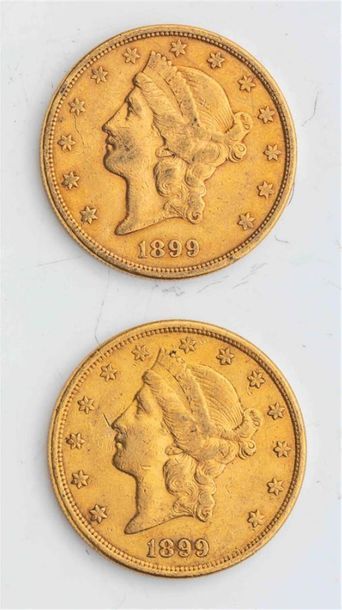 null 2 pièces Etats Unis, 20 dollars Liberté. 1899.
A/ Tête de la Liberté à gauche...