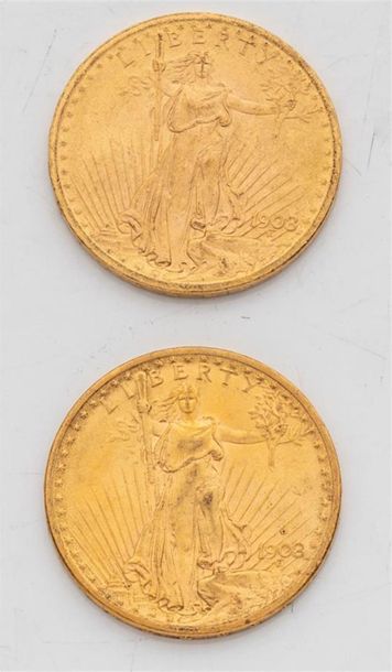 null 2 pièces Etats Unis, 20 dollars Saint Gaudens. 1908.
A/ La Liberté sur un soleil...