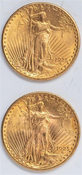 null 2 pièces Etats Unis, 20 dollars Saint Gaudens. 1925.
A/ La Liberté sur un soleil...