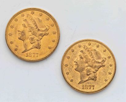 null 2 pièces Etats Unis, 20 dollars Liberté. 1877.
A/ Tête de la Liberté à gauche...