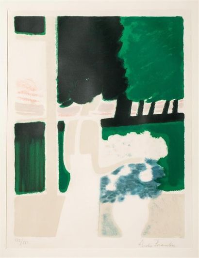 null BRASILIER André (1929), d'après.
Femme au bouquet tons verts.
Lithographie encadrée...