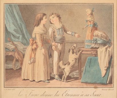 null HUET Jean-Baptiste (1745-1811), D'après.
Le frère donne les étrennes à sa soeur ;...