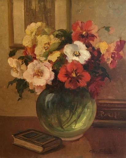 null TERLOUW kees (1890-1948)
Nature morte au vase de fleurs et au livre. 
Huile...
