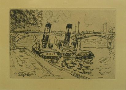 Paul SIGNAC (d'après) Le Pont des Arts avec remorqueurs..Gravure signée. 12,5 x 19...