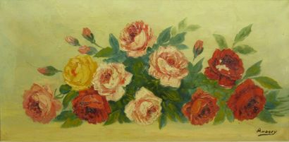 ANDREY Bouquet de fleurs. Huile sur toile signée en bas à droite. 30 x 60 cm. Ca...