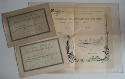 null 12 VARIA : 2 gravures sur bois colorisées-Scènes enfantines, 3 Publicités-Grande...