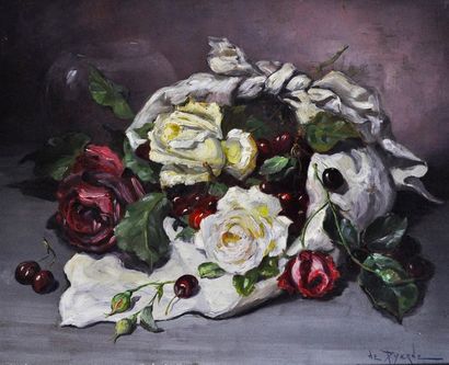 null DE PYERNE Reyne-Marin (XXème siècle).
Nature morte aux roses et aux cerises.
Huile...