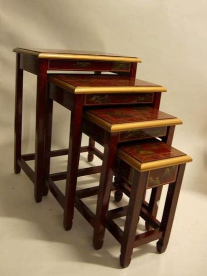 null CHINE XXème siècle
Tables gigognes en bois laqué rouge à décor de pagodes.
L'une...