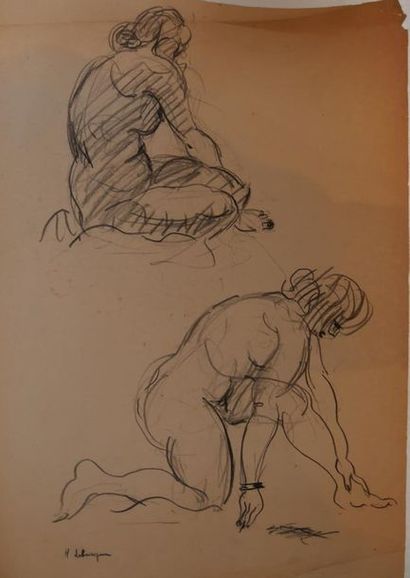  LEBASQUE Henri (1865-1938) Etude de nu assis et à genoux Dessin au fusain signé...