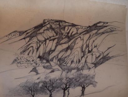  Ensemble de deux dessins sur papier calque représentant des paysages, dont l'un...