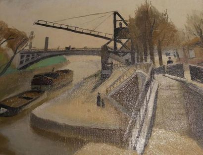  LOTIRON Robert (1886-1966) Grue sur Canal 1924 Huile sur toile Signé en bas à gauche...