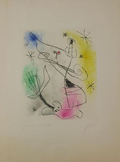  Joan MIRO Composition abstraite rose, jaune, vert, bleu Eau-forte en couleur Signé...
